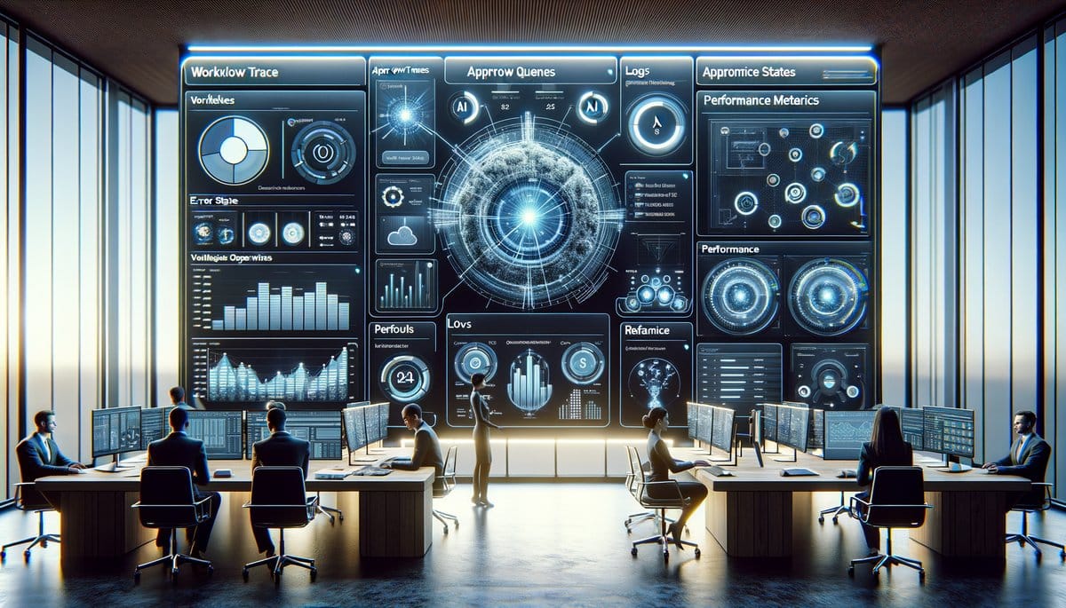 A team of engineers collaborating on AI agent deployment, surrounded by screens displaying data and analytics.