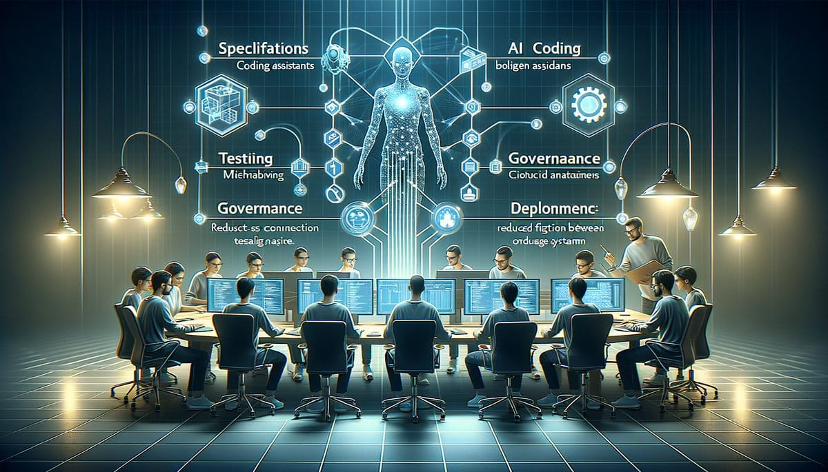 A futuristic workspace featuring developers collaborating with advanced productivity tools on sleek devices, enhancing teamwork and efficiency.