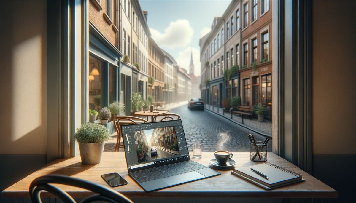 A scenic view of a cozy workspace in a European café, showcasing a laptop, coffee, and beautiful surroundings.