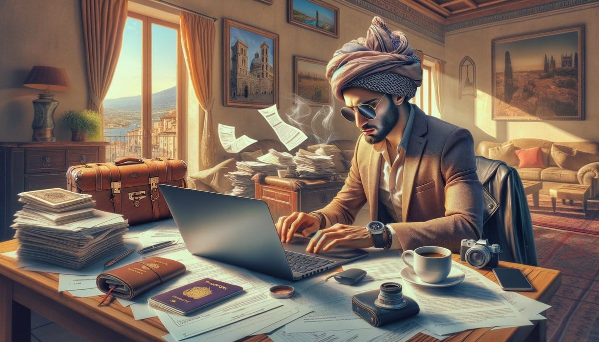 A laptop on a beach with a tropical backdrop, symbolizing the allure and challenges of digital nomad life.