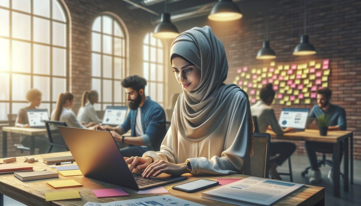 A dynamic team collaborating around a laptop, showcasing innovation and teamwork in a startup environment.