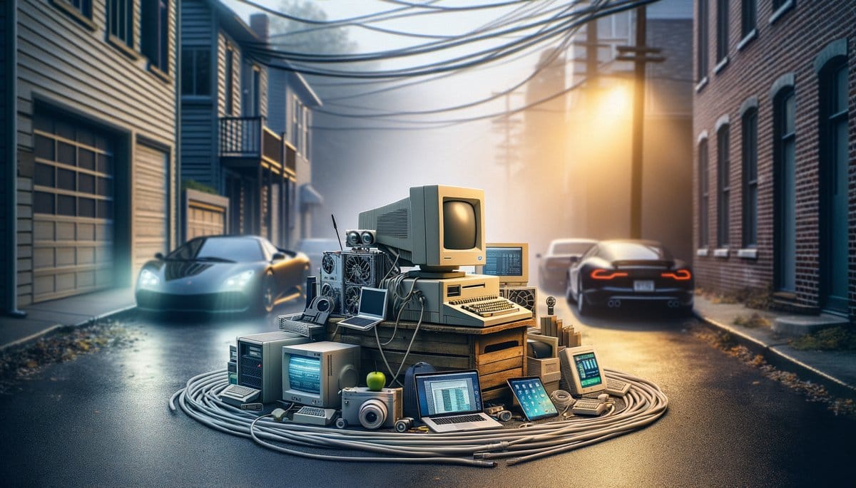 A vintage garage showcasing early Apple products, symbolizing the company's humble beginnings and innovative journey.