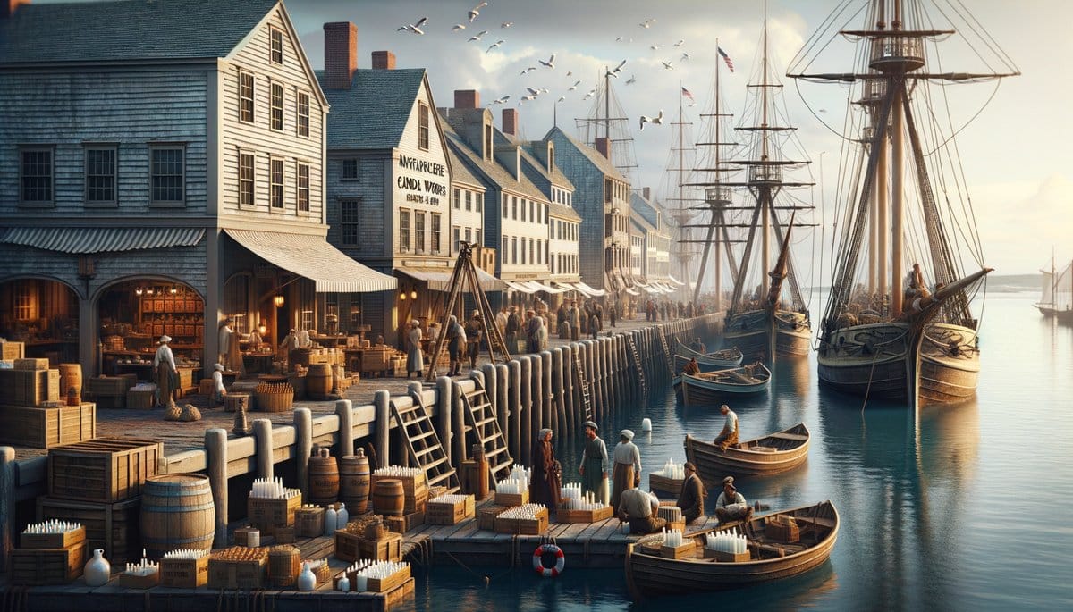 Historic Nantucket whaling scene with ships, illustrating the whale-oil industry that inspired Moby Dick.