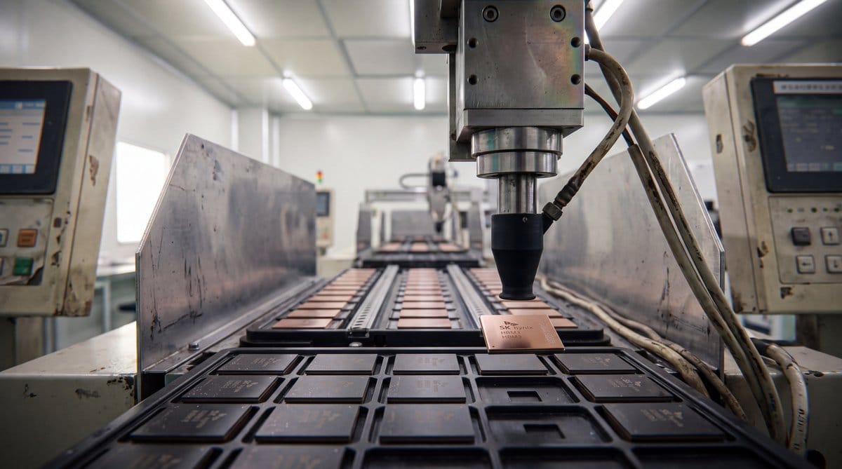 Automated pick-and-place robot handling high-bandwidth memory packages on a semiconductor packaging line.