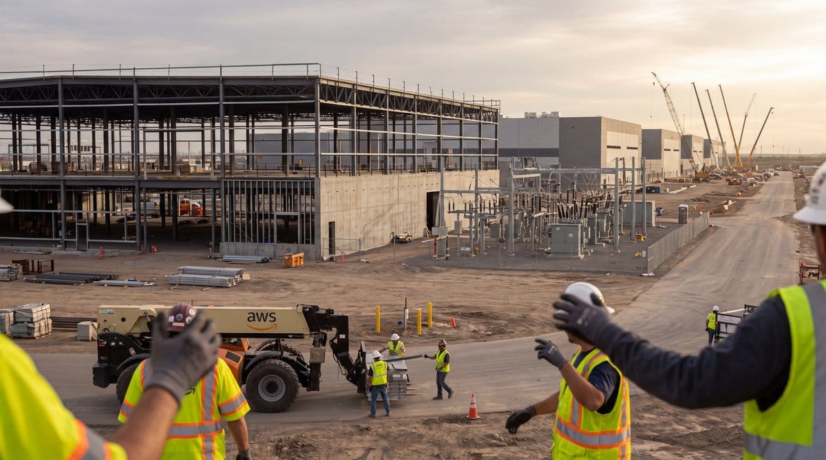 AWS data-center expansion with cranes, unfinished halls, electrical yards, and service roads signals rising AI server costs.