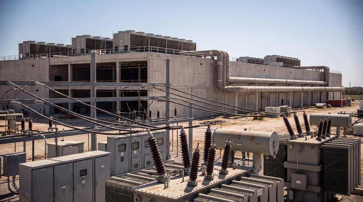 Texas hyperscale data center connects unfinished compute hall, substation transformers, feeder lines, and rooftop cooling for Anthropic IPO.