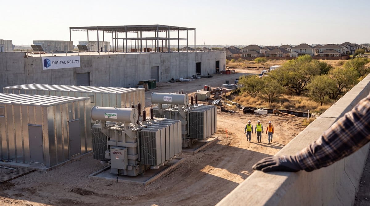 Texas hyperscale data center campus under construction, substation transformers and feeder lines linking power infrastructure across scrubland.