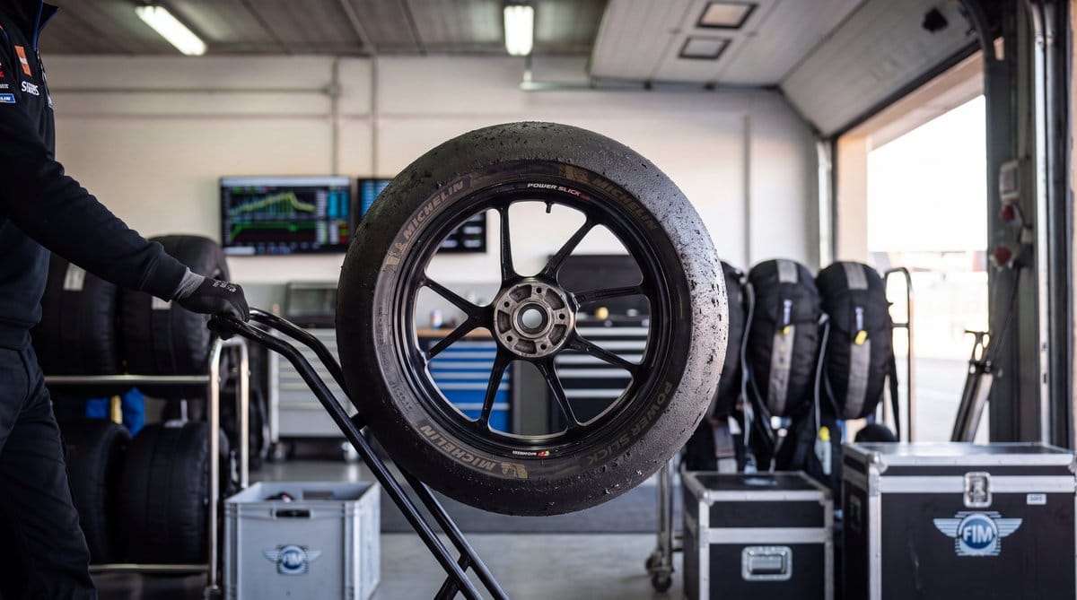 Worn Michelin Power Slick rear race tyre on trolley in MotorLand Aragón tyre-service area.