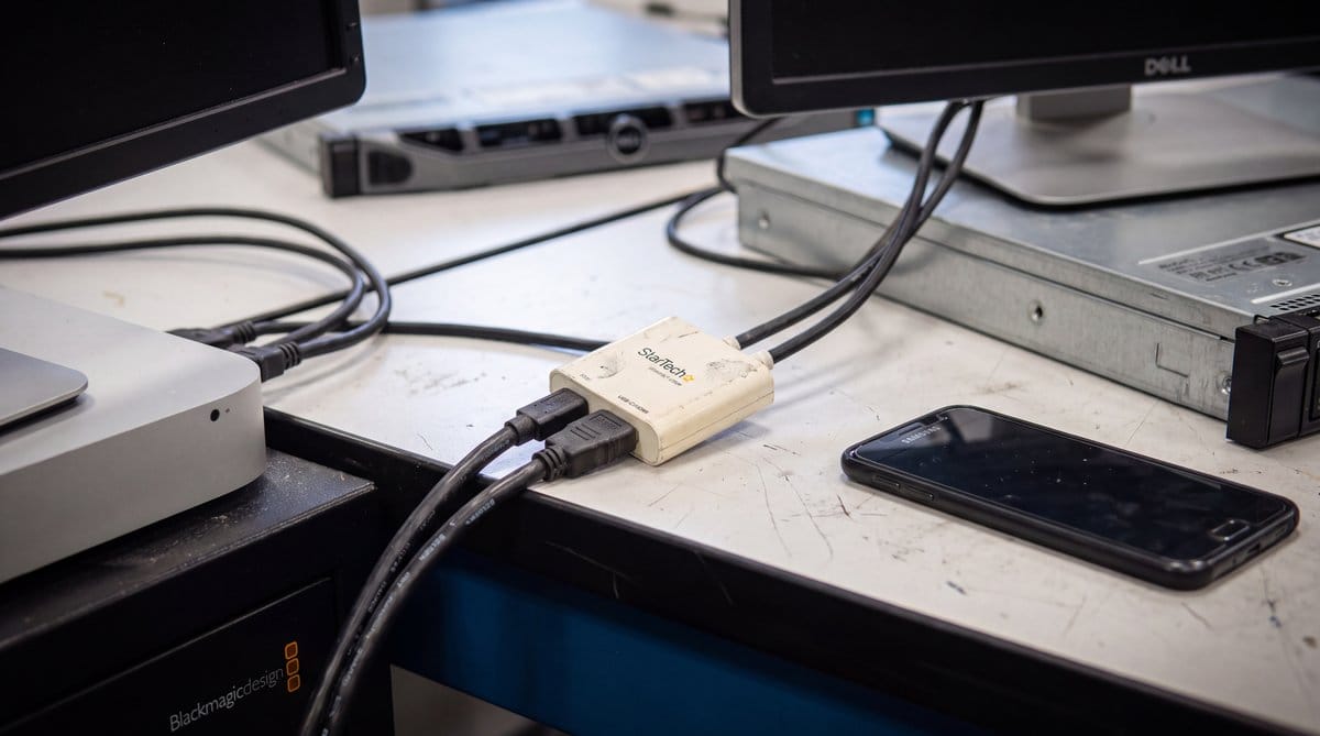 File-conversion workstation junction with paired cables, compact adapter, and phone for screenshot testing in laboratory lighting.