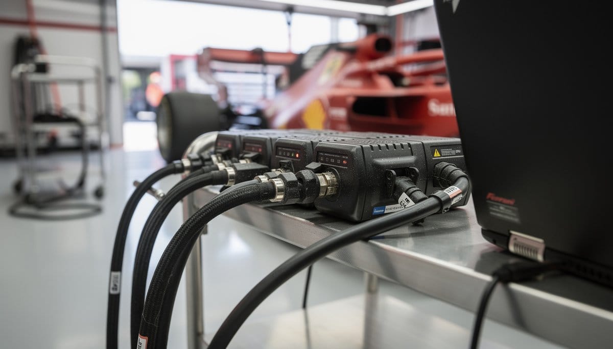 Braided telemetry cables connect Ferrari F1 car to sealed acquisition modules, with rear wheel softly blurred.