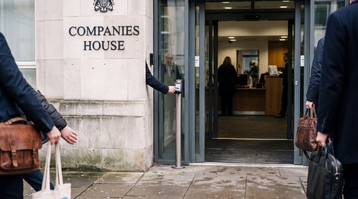 Companies House entrance during a busy morning, with visitors entering and leaving the business registry.