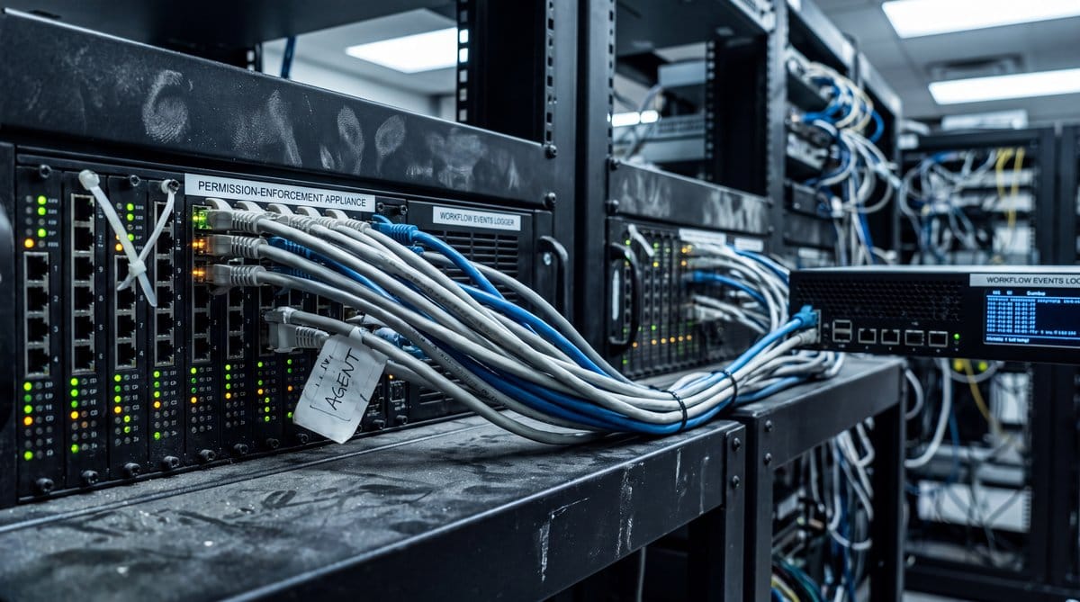 Network leads pass through a permission-enforcement appliance toward workflow-event storage, with visible ports and status lights.