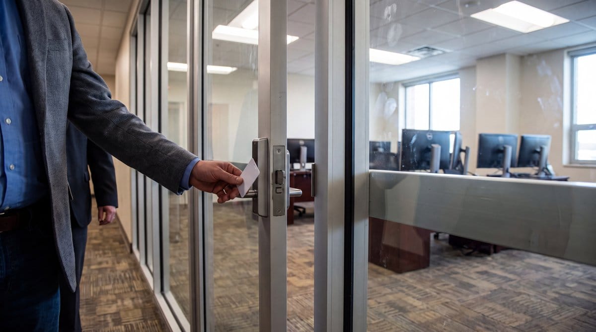 Employee taps badge at secured customer-operations suite while colleague waits; glass access door, CRM workstations, human oversight.