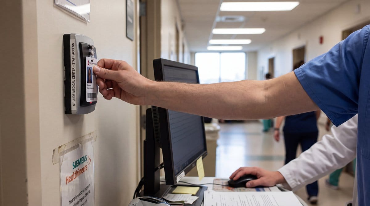 Clinicians verify a pending action at a hospital access reader, highlighting human oversight in generative AI workflows.