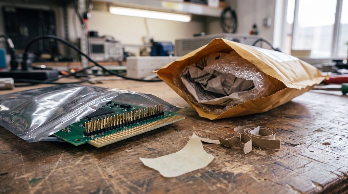 Sensor board half-wrapped in antistatic sleeve beside padded envelope, tape, and filler, illustrating packaging burdens for European micro-entrepreneurs.