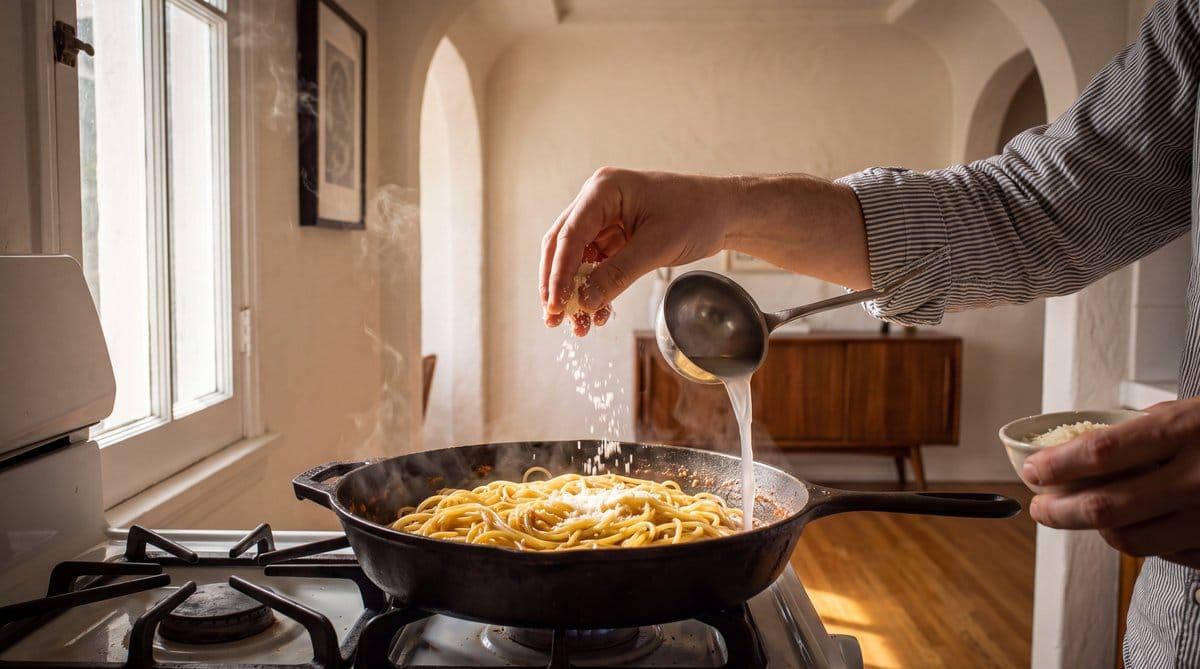 A skillet off the burner, with cheese and pasta water being added to glossy spaghetti, creating steam and texture.
