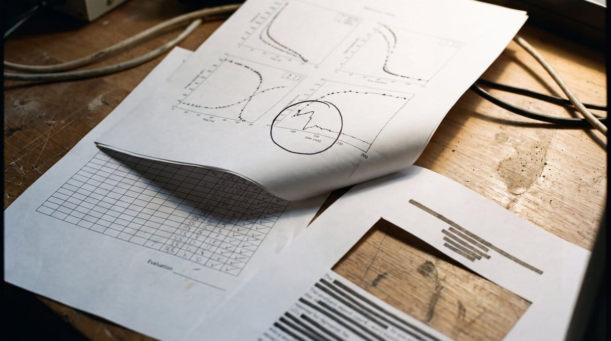 Three overlapping printouts with plotted curves and a circled anomaly, illuminated by side light, in a research setting.
