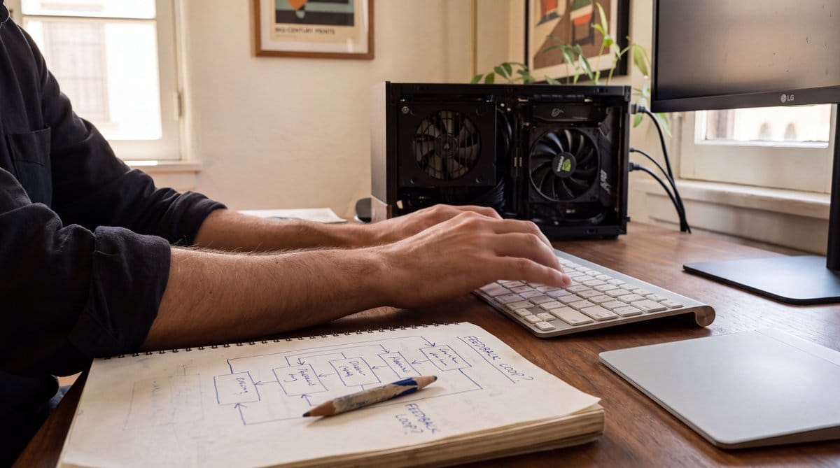 Hands at an Apple Magic Keyboard beside a notebook sketch of an agent feedback loop, with an open PC case and graphics card behind