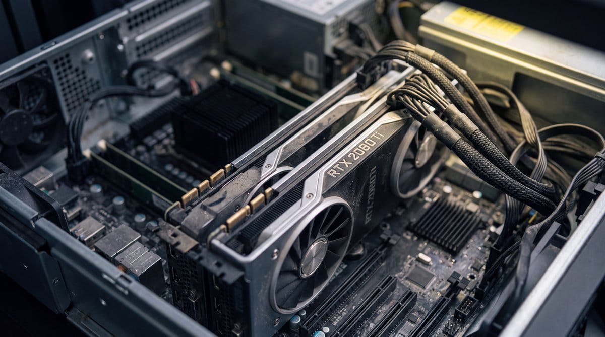 Dual 2080 Ti GPUs in a crowded shared-GPU server, highlighting PCIe connections and braided power leads.