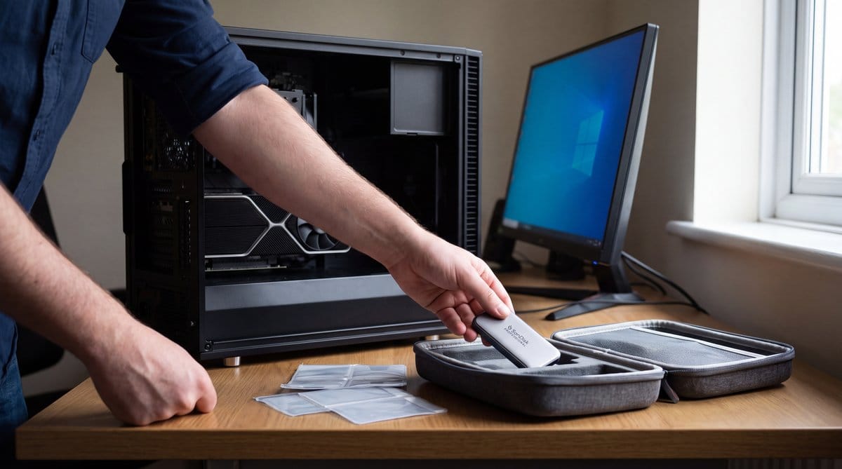 User removes external SSD from desktop computer beside character-card sleeves, exploring portable AI and SillyTavern alternatives.