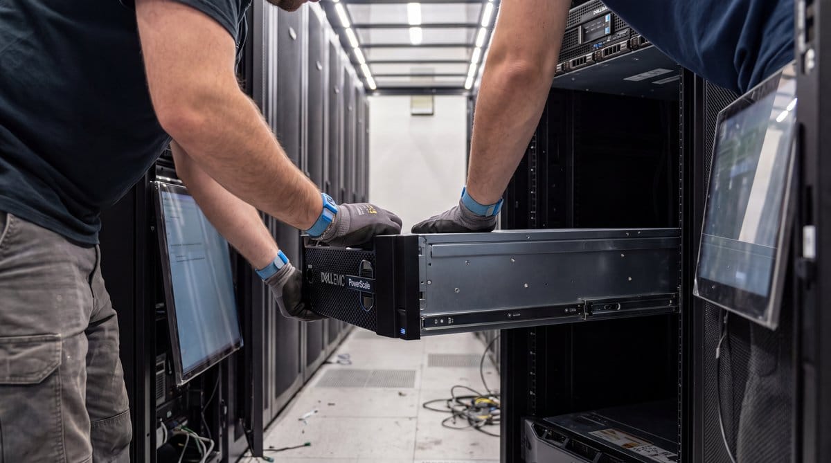 Two operators guide a replacement storage node into a private-cloud rack during a self-hosted AI recovery test.