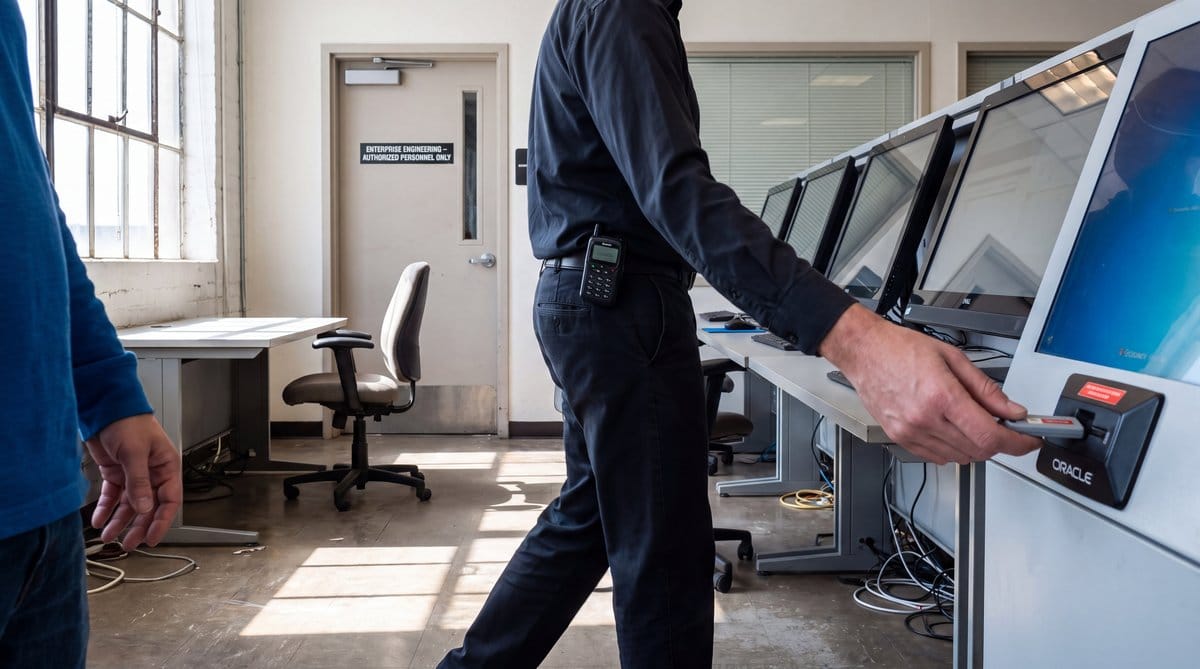 Enterprise engineering operations room: engineer uses security token at repository access station as colleague carries pager past workstations.