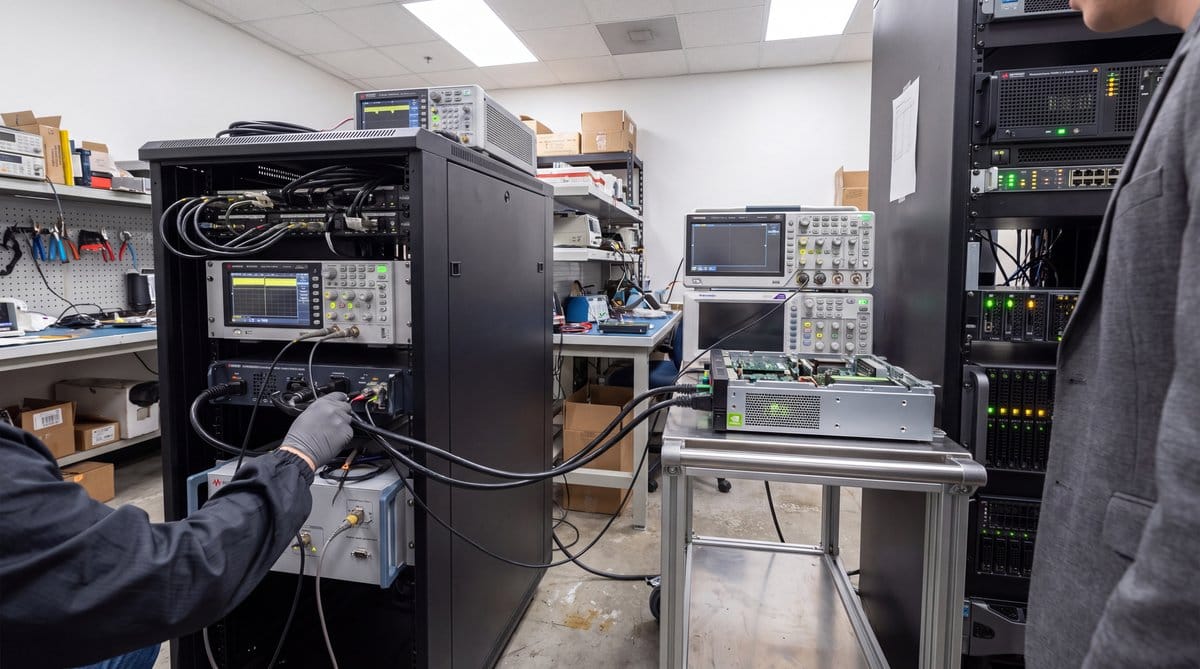 Researchers monitor AI model communication between a full-height accelerator rack and compact edge host with timing instruments.
