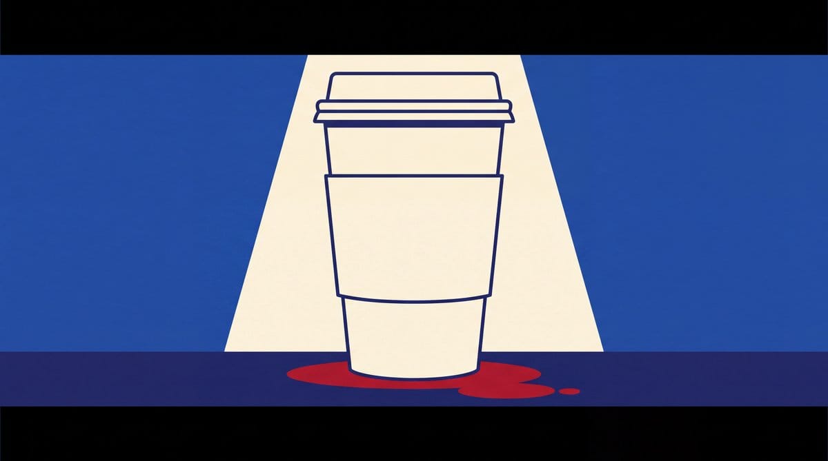 A monumental white takeaway coffee cup stands under a cream spotlight against cobalt blue, above a red pool.