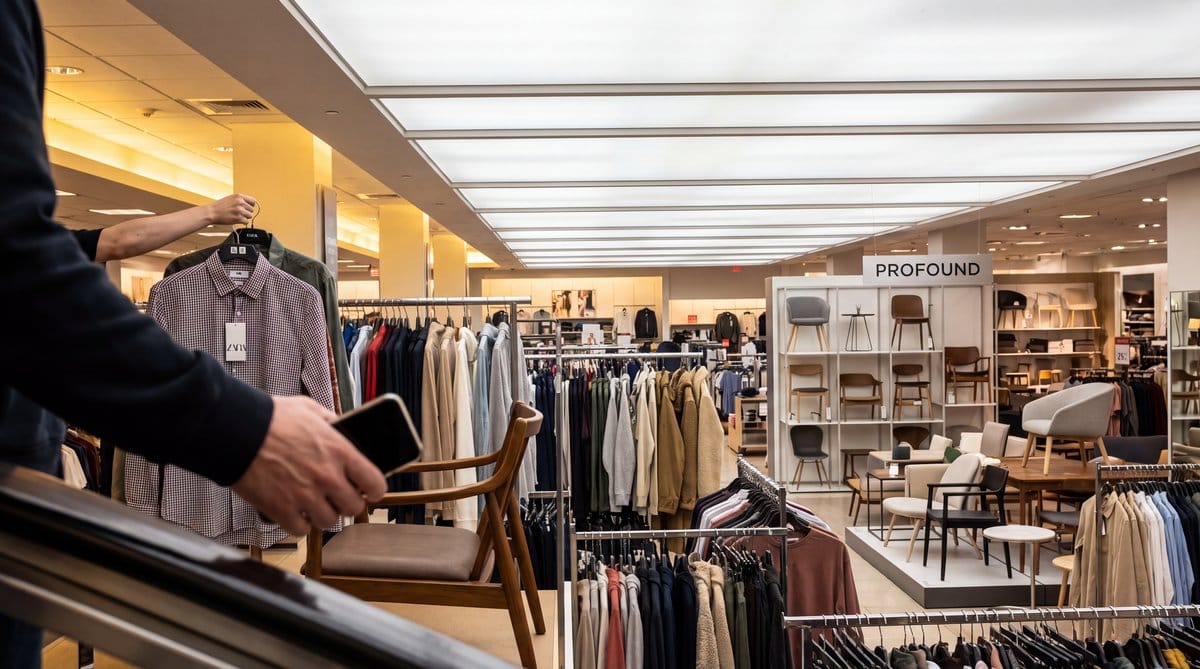Department-store shopper holding a phone walks between clothing racks and staged furniture displays under bright retail lighting.