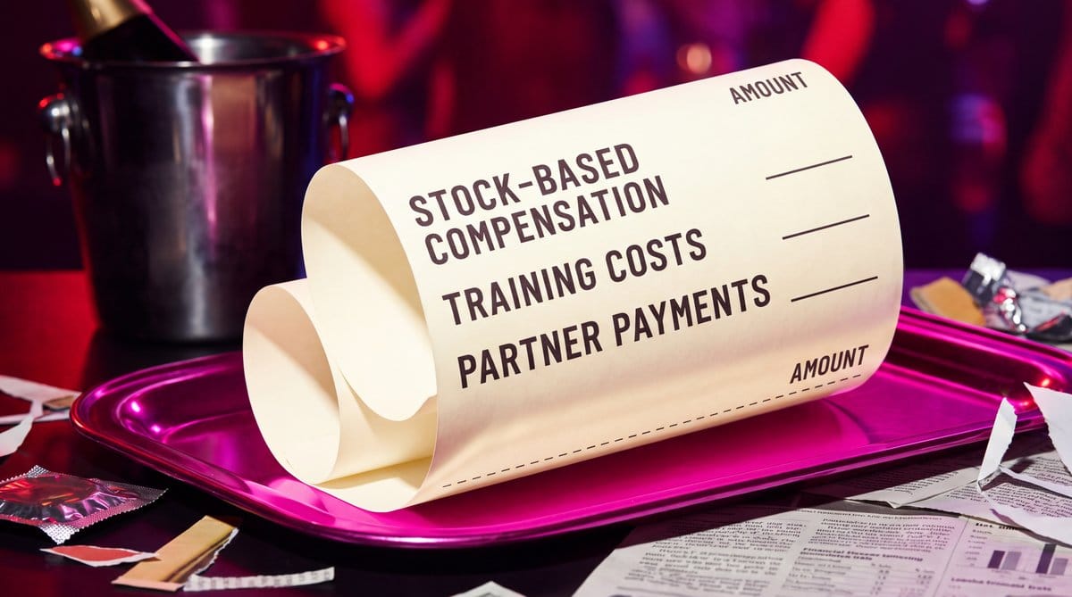 Oversized receipt listing compensation, training, and partner costs curls across a magenta nightclub tray.