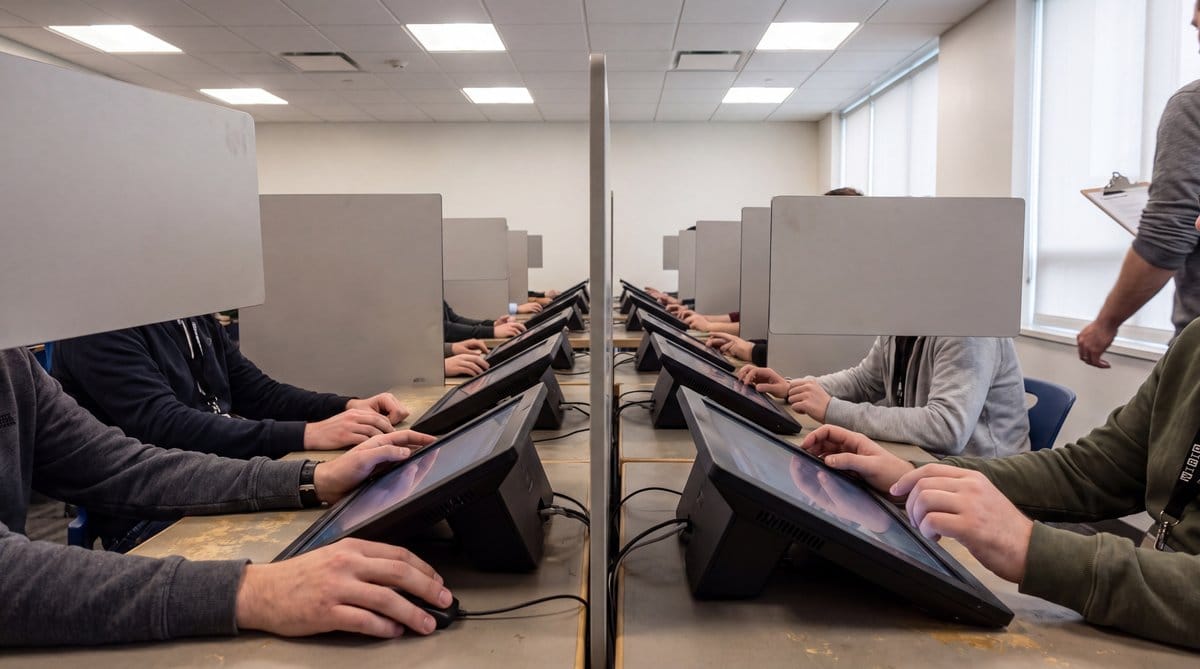 Usability research room with staggered testing stations, participants reviewing AI agent approval prompts, and facilitator observing.