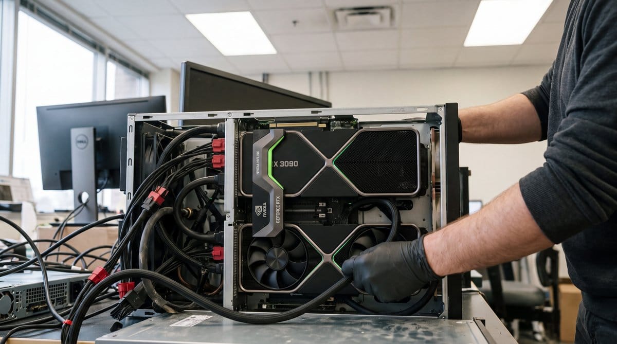 Two RTX 3090 GPUs installed in an open workstation with NVLink, PCIe connections, power cables, and cooling paths visible.