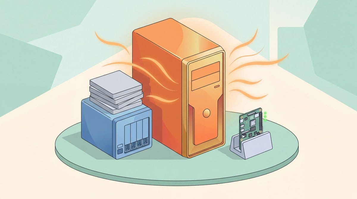 Orange workstation radiating heat beside a blue NAS and a small controller board on a mint platform.