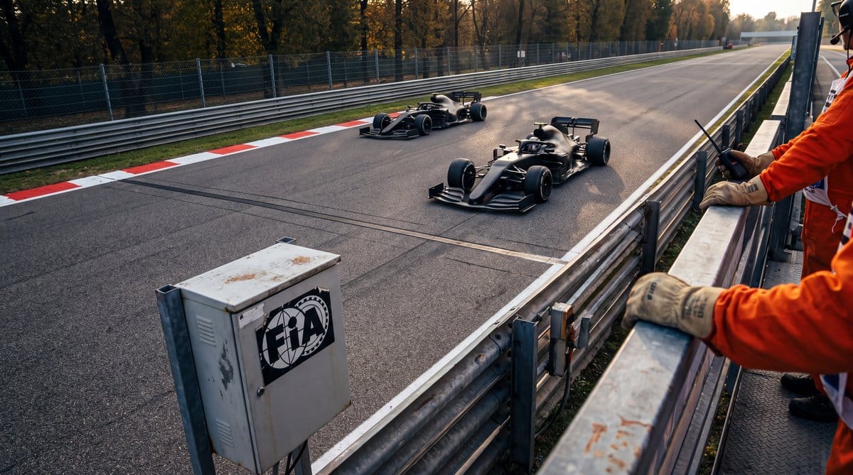 Two Formula 1 cars approach Monza’s DRS detection line, beside FIA timing equipment, guardrails, kerbs, trees, and marshals.