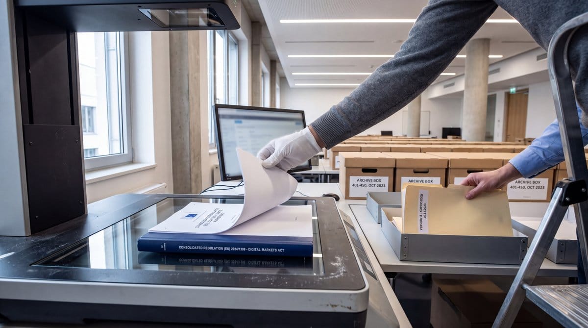 EU AI Act regulation under document scanner as reviewers replace pages beside archival boxes in digitisation lab.