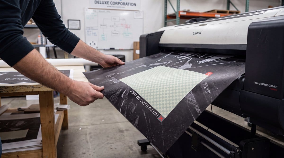 Prepress technician’s forearms guide dark campaign proof from large-format printer; baked-in checkerboard transparency grid exposes failed AI image output.