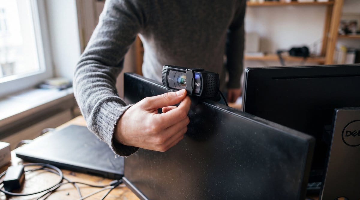 Hand closing a webcam privacy shutter beside a monitor, symbolizing GDPR compliance, AI data collection, and European privacy.