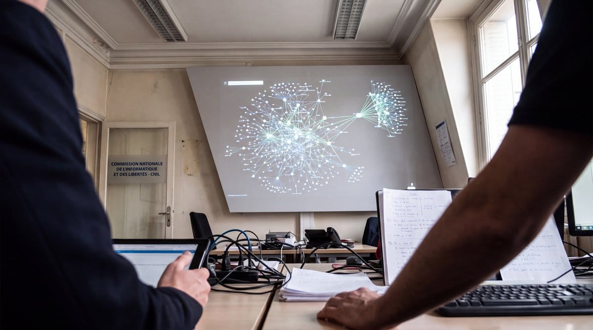 CNIL investigators examine an AI model genealogy network, tracing descendant paths and an isolated branch for GDPR compliance.
