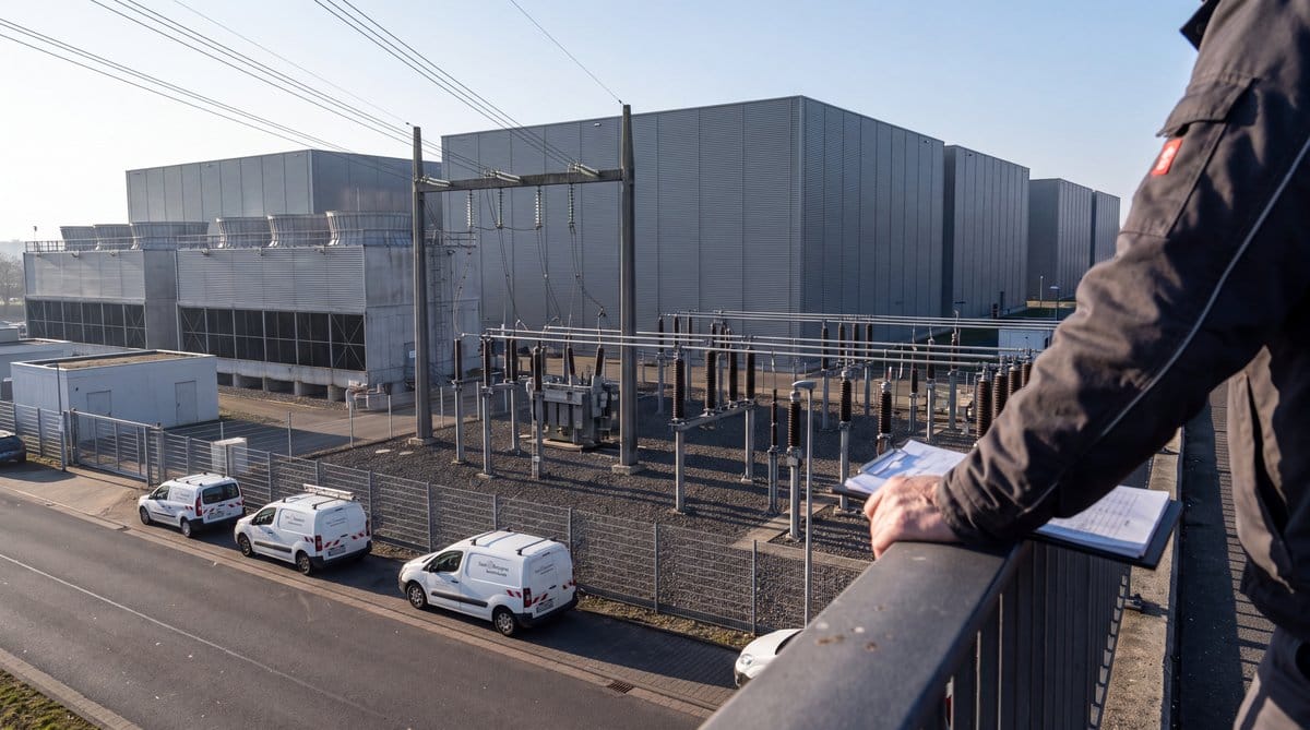 Frankfurt cloud-computing data centers beyond fenced transformer yard, cooling plant, and transmission lines in clear morning light.