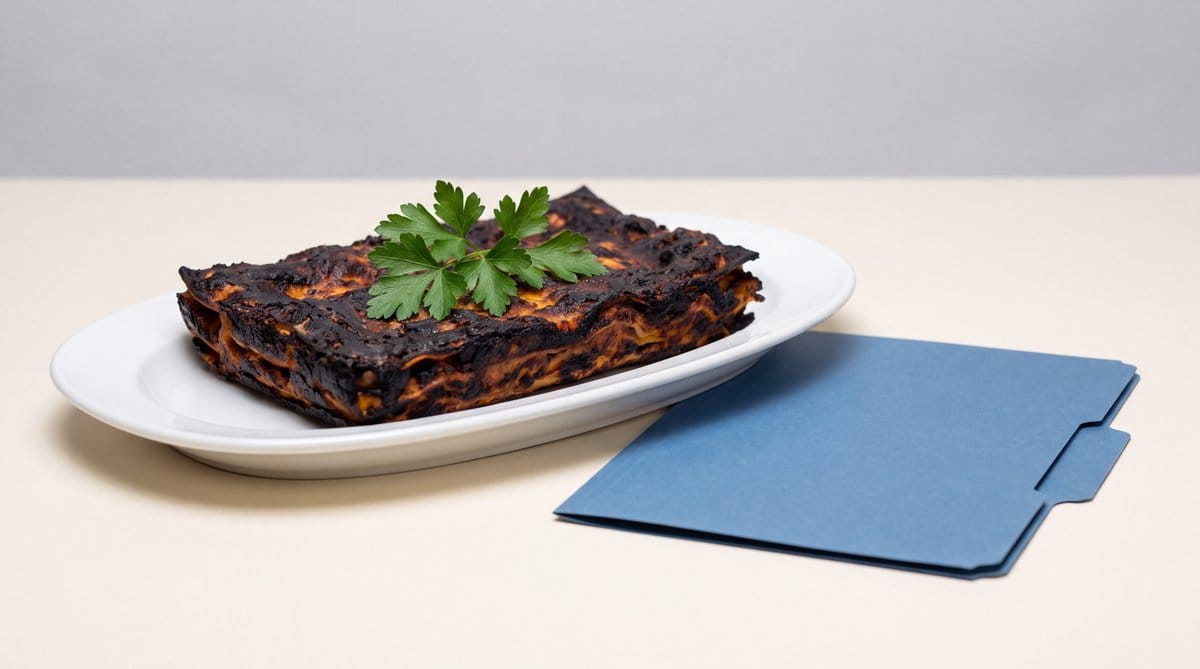 Burnt lasagna topped with fresh parsley sits on a white platter beside a spotless blue folder.