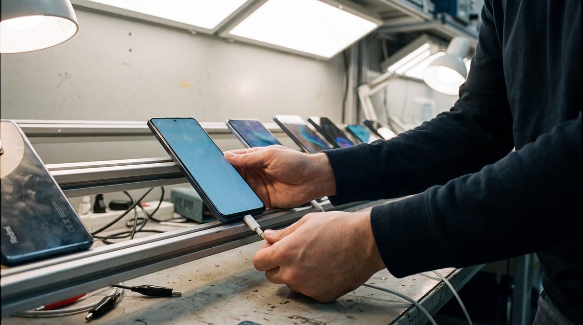 Developer reconnects a Redmi Note 13 4G during local Gemma 4 inference testing in a device compatibility lab.