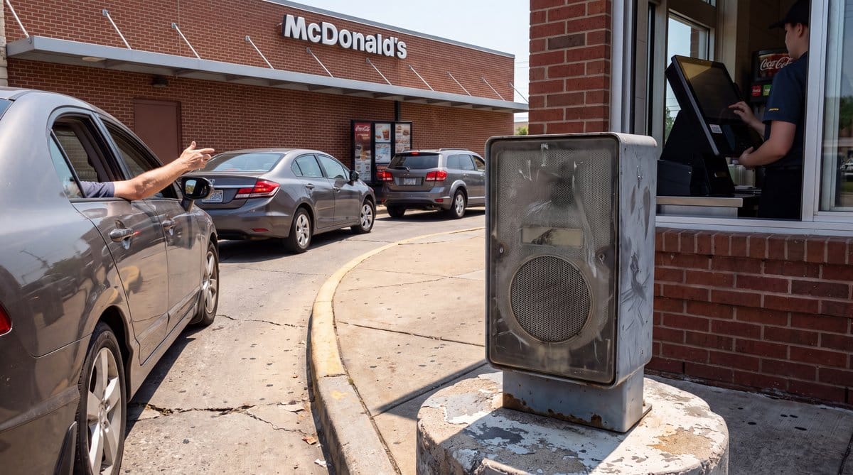 McDonald’s drive-thru speaker, cars, crew member, and service window beneath iconic wordmark in bright daylight.