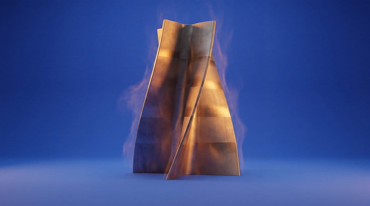 Monumental bronze turbine-blade forms stand against a cobalt background amid faint rising heat haze.