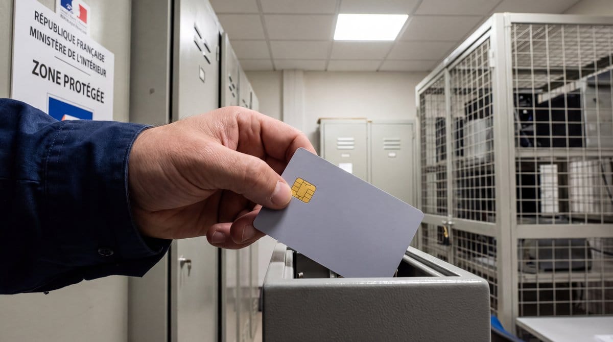 Hand lifts a hardware-security smart card from an open key safe in a French cryptographic facility.