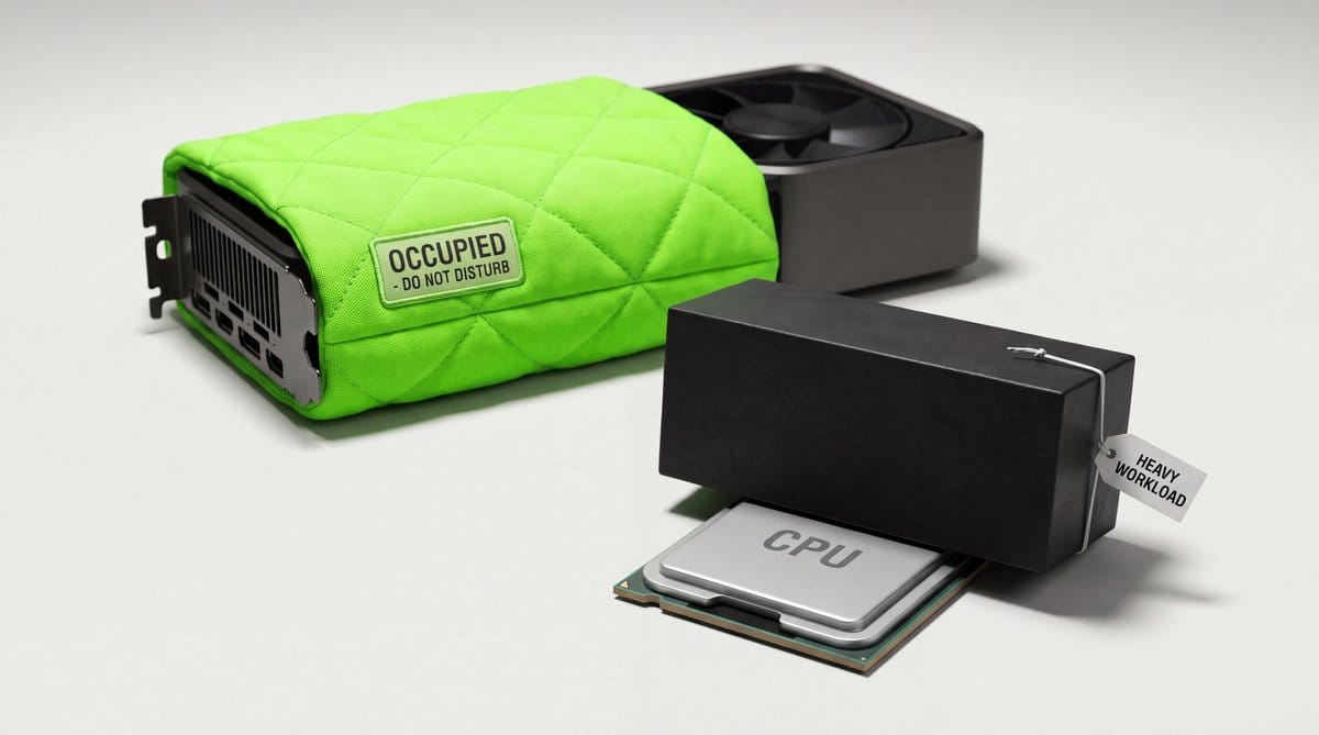 A green-covered graphics card sits behind a CPU burdened by a heavy black slab.