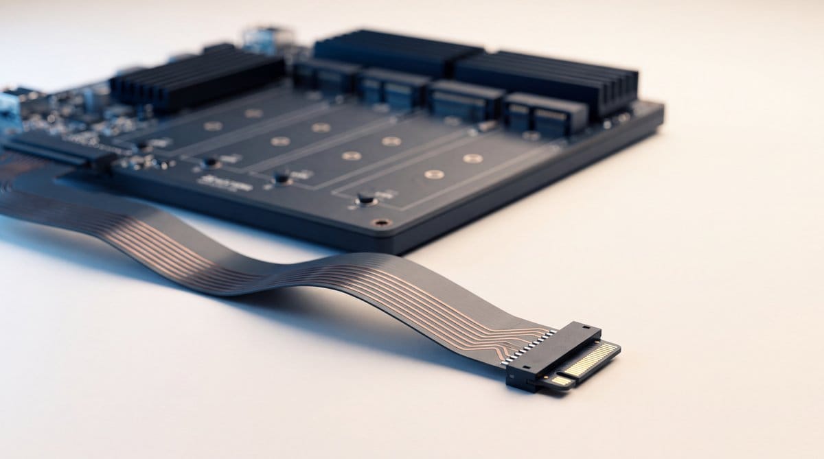 Narrow copper-traced ribbon cable lies before a broad graphite multi-drive carrier on a warm white surface.