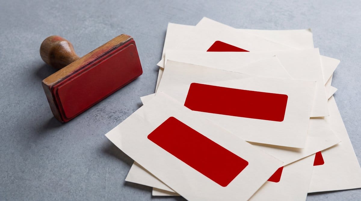 Red credential stamp beside scattered pale sheets marked with repeated solid red rectangles.