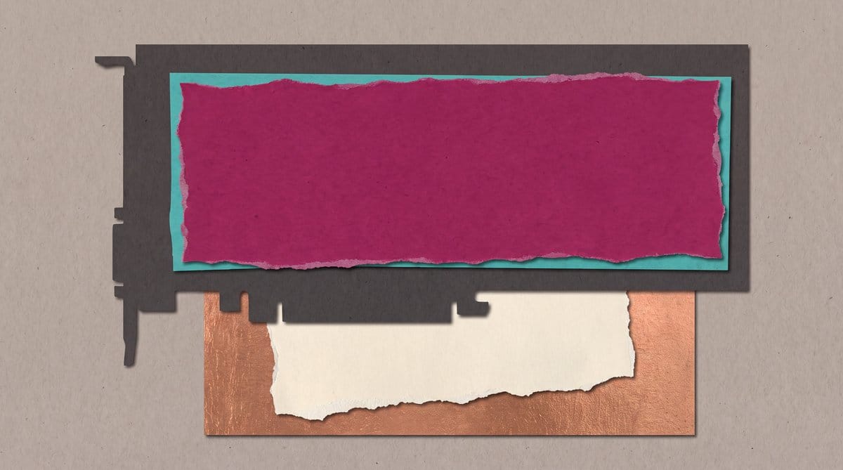 Torn magenta paper fills a dark GPU silhouette above a cream block displaced onto a copper CPU plate.