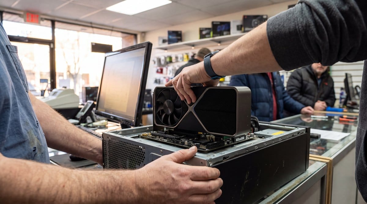 Technician holds a second RTX 3090 above a dual-card workstation for local LLM testing at a computer-parts shop.
