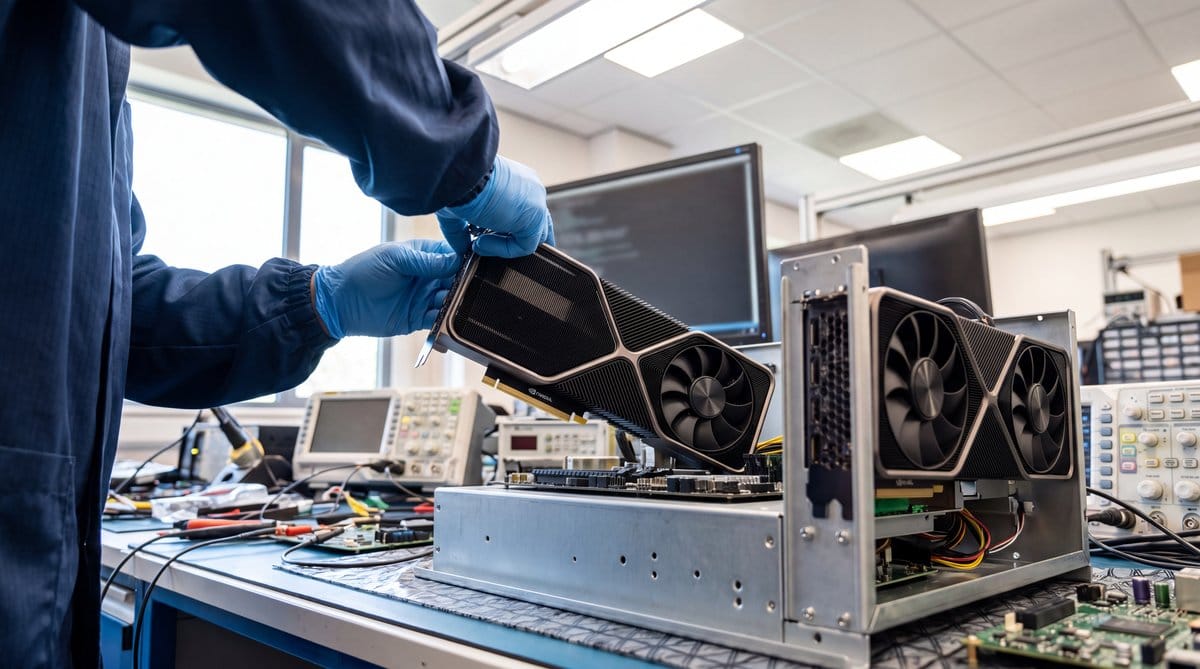 Technician removes an RTX 3090 from an open test chassis beside an identical mounted GPU in an electronics lab.